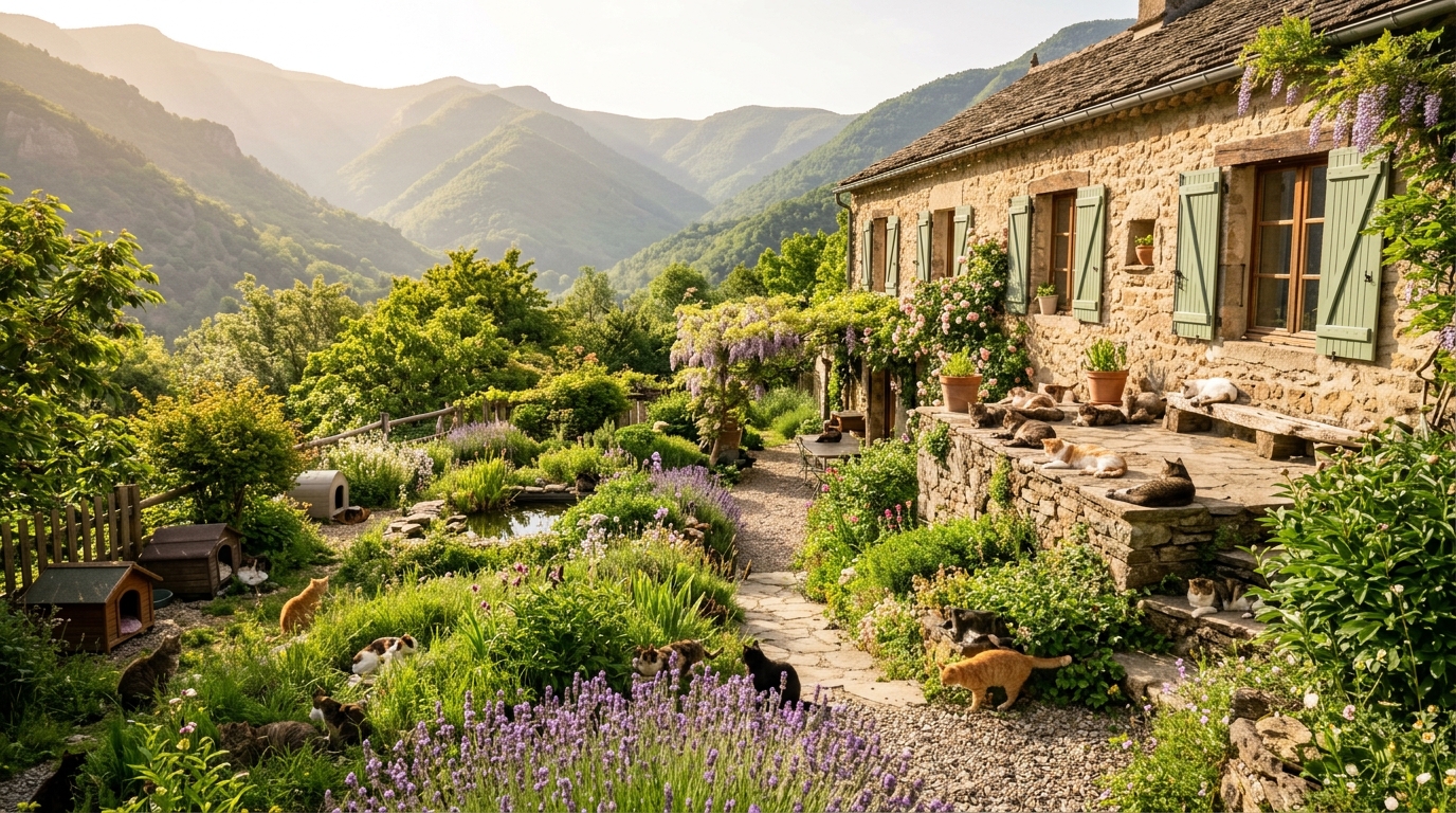 Le sanctuaire félin paisible de l'association au cœur de la vallée des Cévennes